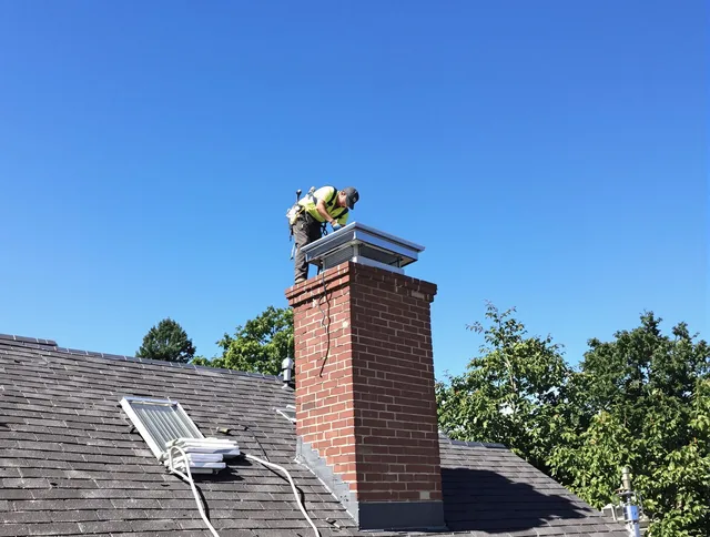 Wallingford Chimney Sweep technician measuring a chimney cap in Wallingford, CT